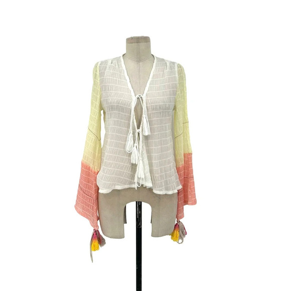 Never Fully Dressed White Pink Yellow Ombre Long‎ Sleeve Tasseled Top Small - Picture 1 of 9